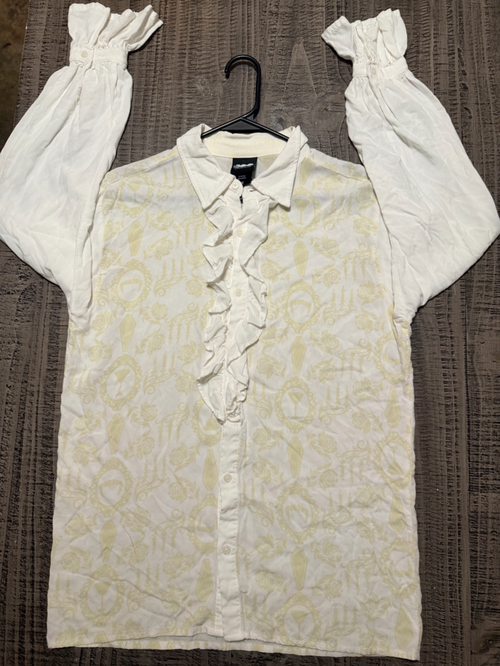 HotTopic WB100 Interview wtheVampire WhiteBlouse PaleYellow Pattern Ruffle Shirt
